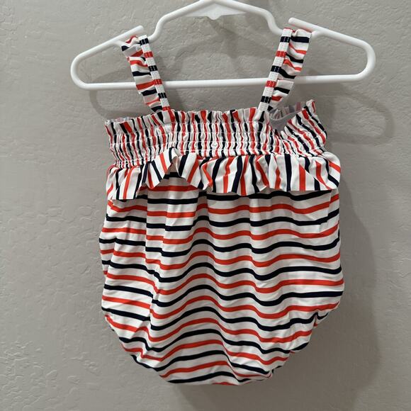 Janie and Jack Red, White, & Blue Stripe Ruffle One Piece Swimsuit - Picture 7 of 8